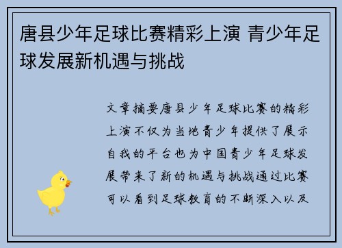 唐县少年足球比赛精彩上演 青少年足球发展新机遇与挑战