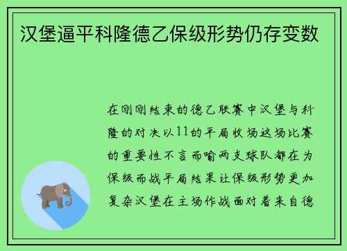 汉堡逼平科隆德乙保级形势仍存变数