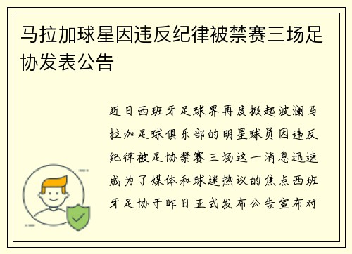 马拉加球星因违反纪律被禁赛三场足协发表公告