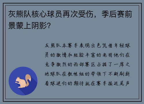 灰熊队核心球员再次受伤，季后赛前景蒙上阴影？