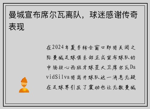 曼城宣布席尔瓦离队，球迷感谢传奇表现