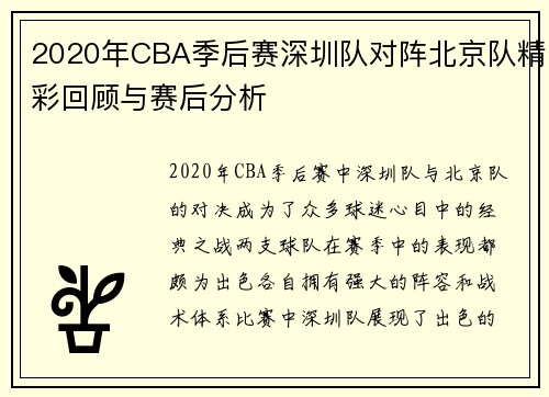 2020年CBA季后赛深圳队对阵北京队精彩回顾与赛后分析