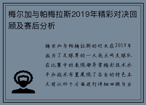 梅尔加与帕梅拉斯2019年精彩对决回顾及赛后分析