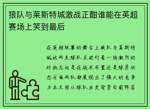 狼队与莱斯特城激战正酣谁能在英超赛场上笑到最后