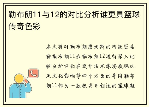 勒布朗11与12的对比分析谁更具篮球传奇色彩