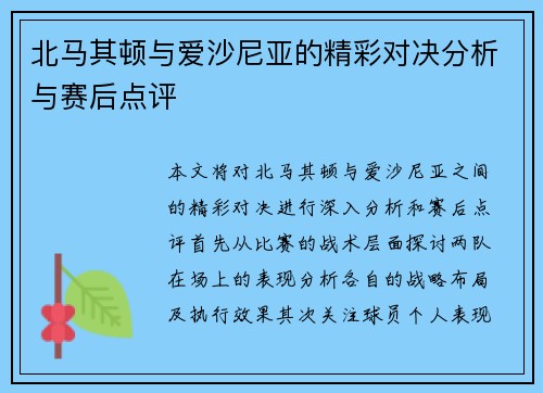 北马其顿与爱沙尼亚的精彩对决分析与赛后点评