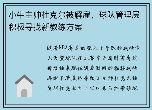 小牛主帅杜克尔被解雇，球队管理层积极寻找新教练方案