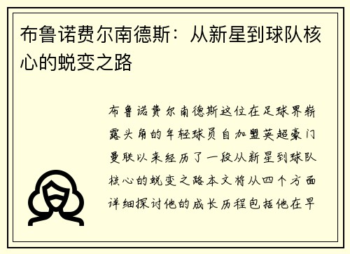 布鲁诺费尔南德斯：从新星到球队核心的蜕变之路