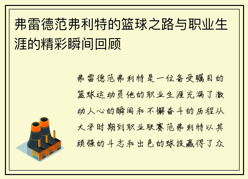 弗雷德范弗利特的篮球之路与职业生涯的精彩瞬间回顾