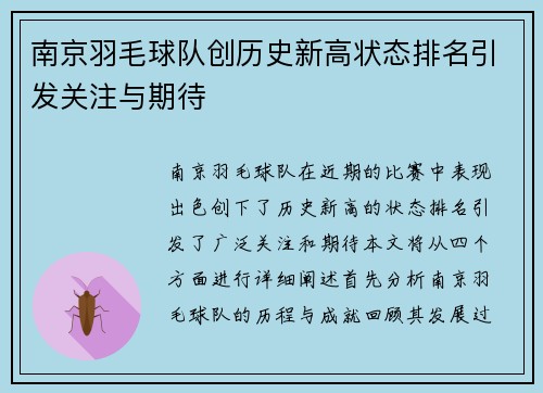 南京羽毛球队创历史新高状态排名引发关注与期待