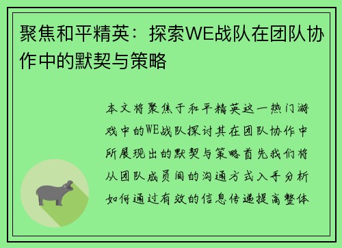 聚焦和平精英：探索WE战队在团队协作中的默契与策略