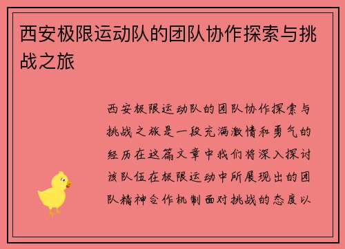 西安极限运动队的团队协作探索与挑战之旅