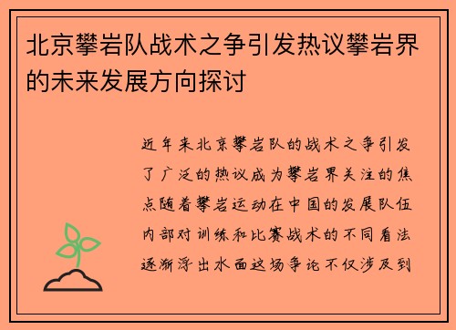 北京攀岩队战术之争引发热议攀岩界的未来发展方向探讨